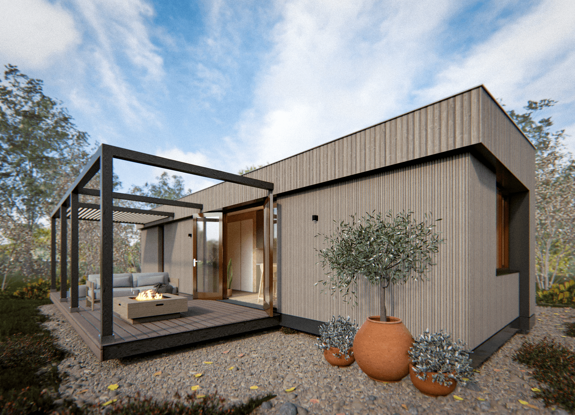 Prefab woning Aventura Large in een groene tuin