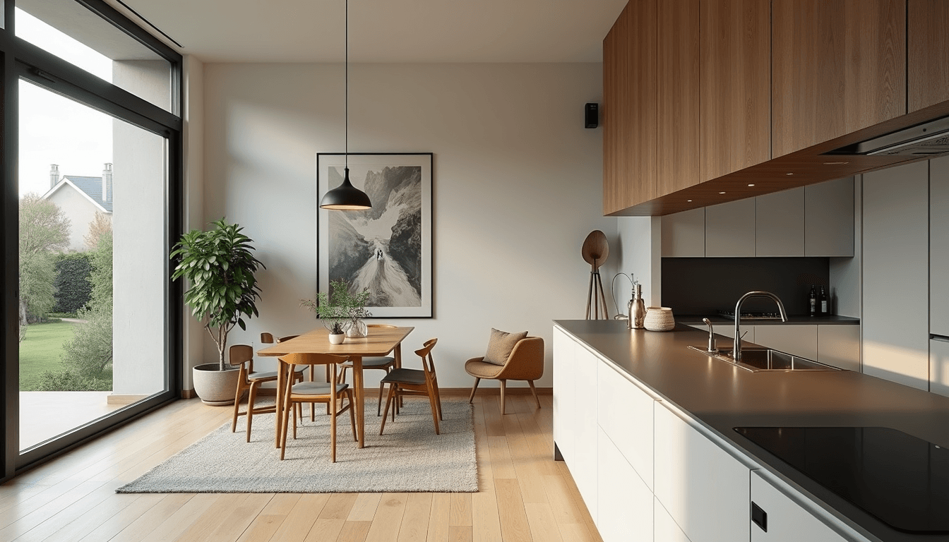 Moderne woonkamer en keuken interieur