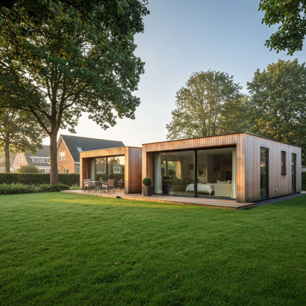 Moderne houten mantelzorgwoning in een groene tuin met ochtendlicht